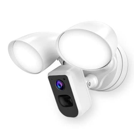 White outdoor security camera featuring two large floodlights and a central rectangular camera unit.
