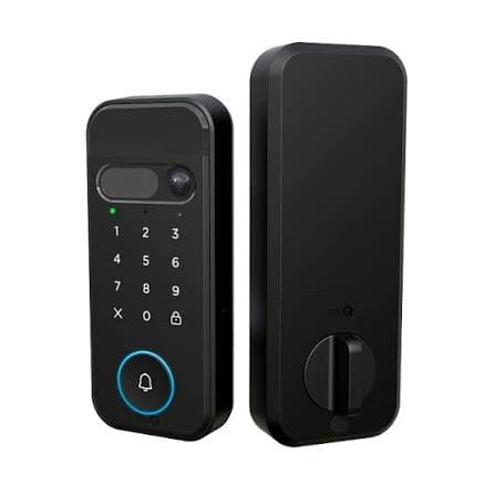 Black smart door lock set featuring a keypad, camera, doorbell, and interior thumb-turn mechanism.