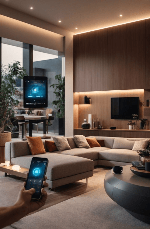 Smartphone and tablet interfaces controlling smart home features in a modern, luxurious living room.