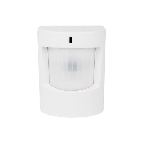 White wall-mounted PIR motion sensor featuring a curved translucent lens and a small indicator light.