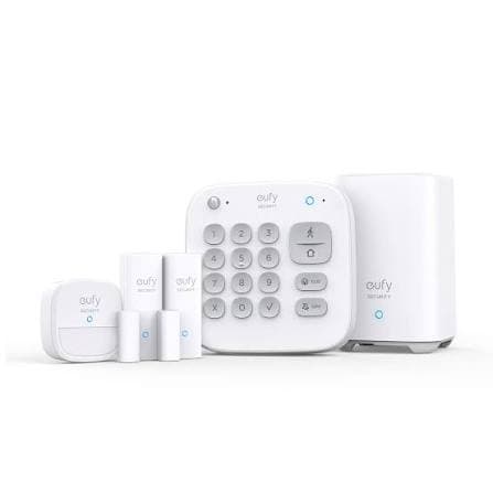 White Eufy home security kit including a keypad, hub, motion sensor, and two entry sensors.
