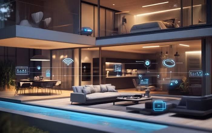 Modern luxury home at night with glowing smart home icons and sleek outdoor patio.