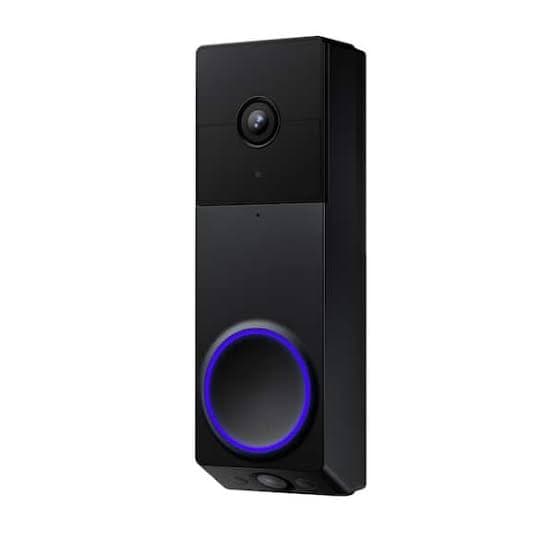 Sleek black smart video doorbell with a camera lens and a glowing blue ringed button.